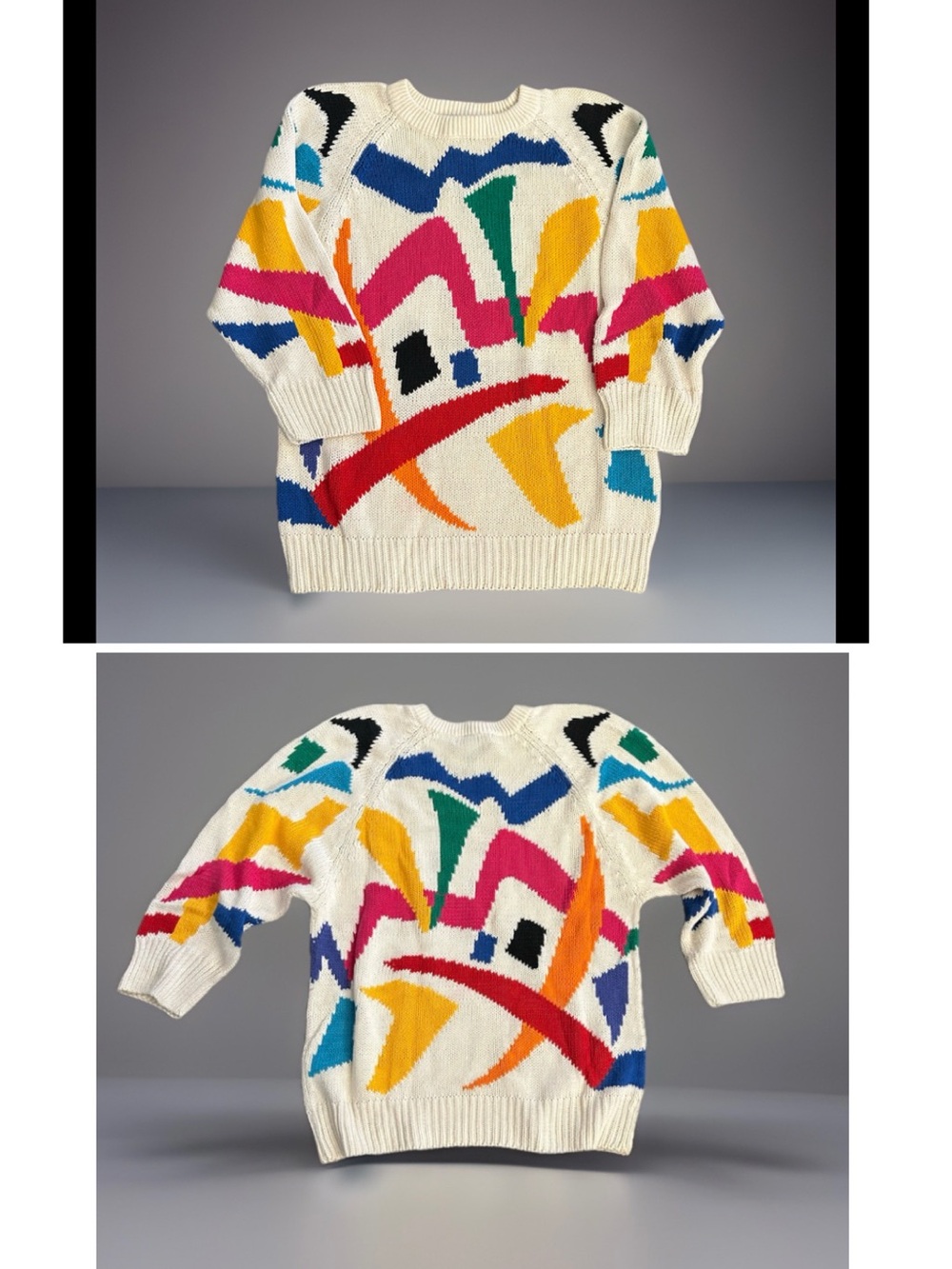 I.B. Diffusion Abstract Vintage 80s 90s Bright Multicolor White Knit Sweater M
